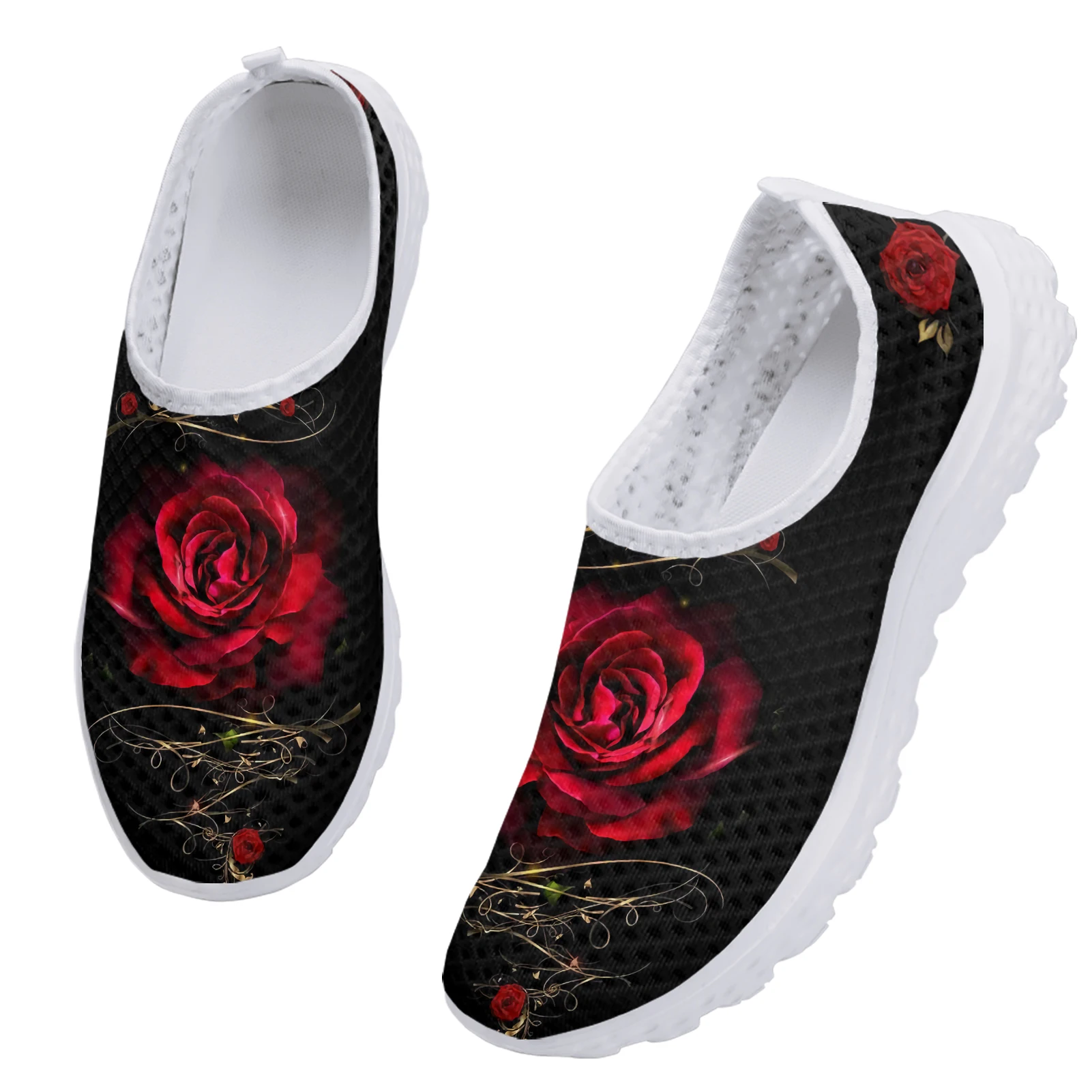 INSTANTARTS Luxury Brand Art Rose Flower Printed Girls Mesh Sneakers Summer Soft Slip-on Flat Shoes Breathable Beach Loafers Hot