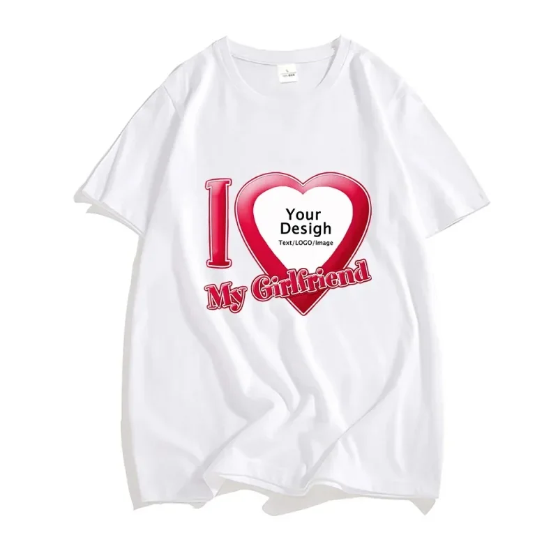 Custom Photo Couple T-Shirt I Love Heart Print Personalized Picture Short Sleeve Casual Unisex Tee
