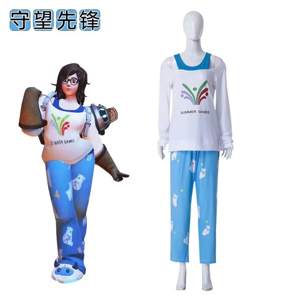 

Overwatch Cosplay Costume Mei Zhou White Pajama Top Bottom Set Game Character Outfit for Halloween Parties Stage Shows