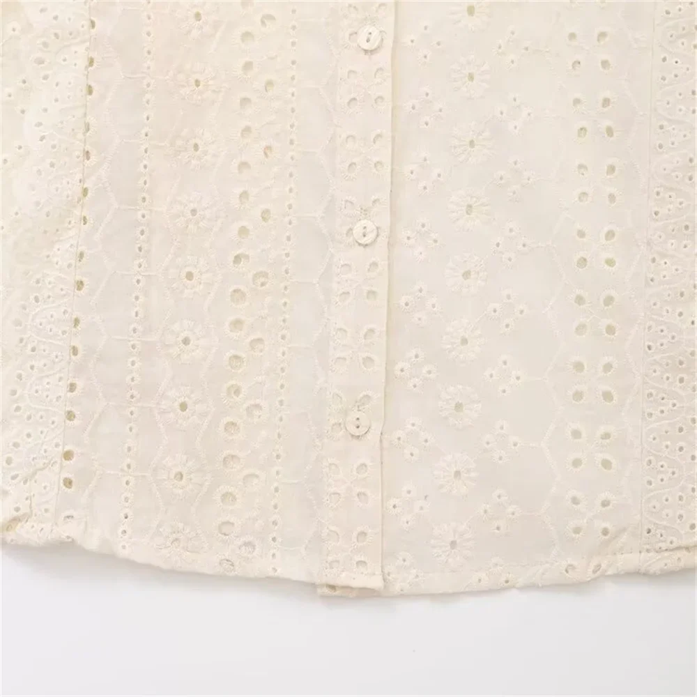 LIBIELIY 2025 Summer New European And American Fashion Round Neck Fluffy Long Sleeved Hollow Embroidered Shirt Loose Top