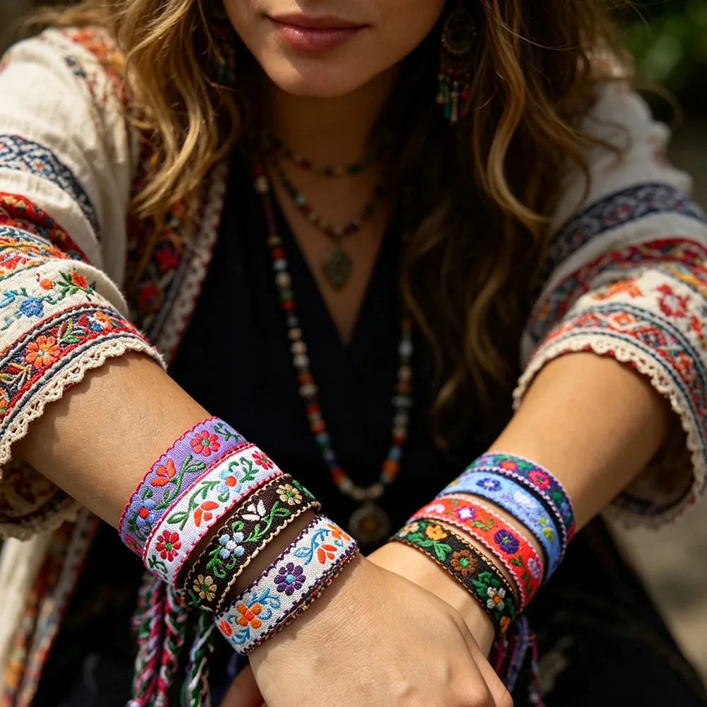 Meetvii Bohemian Flower Woven Bracelets Ethnic Style Hand Rope Retro Tassel Adjustable Bracelet Daily Stackable Jewelry
