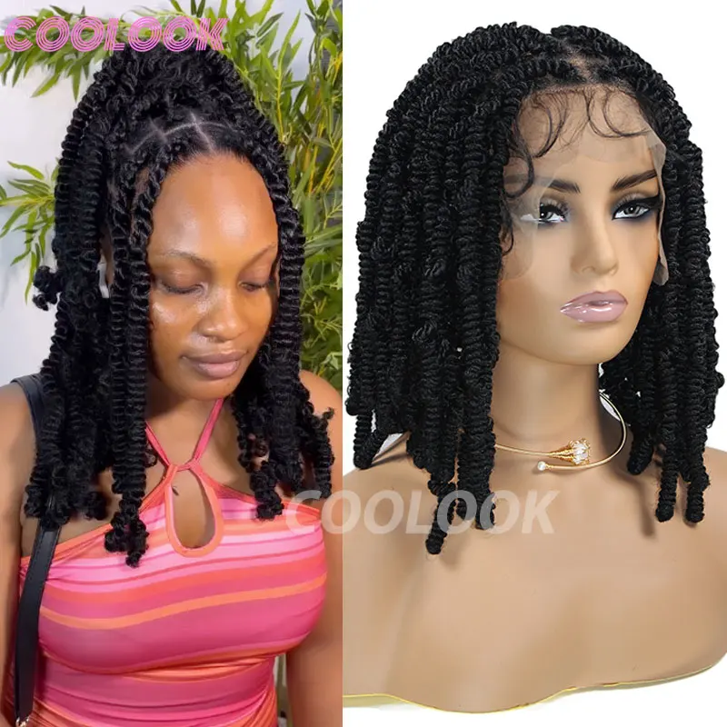 

12" Bob Braided Wigs For Black Women Spring Afro Twist Wig Faux Locs Spiral Curls Full Lace Braided Wigs Synthetic Braiding Wig