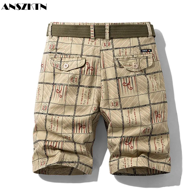 ANSZKTN 100% Cotton Mens Cargo Shorts Summer Streetwear Snack Shorts Hombre Casual Half Pant Print Shorts For Men