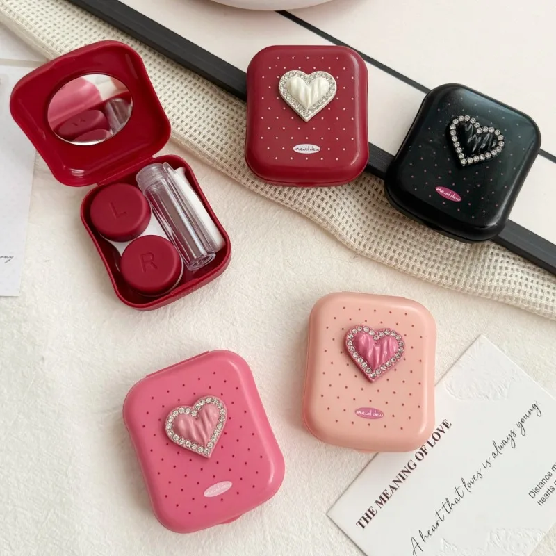 Polka Dot DIY Contact Lens Case with Mirror Cute Diamond Heart Decor Colored Eye Contact Lenses Storage Care Box for Daily Use