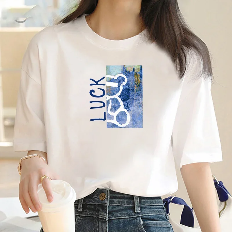 

Graphic Cotton T-shirt Women Cartoon Luck Bear Women's Short Sleeve T-shirt Street Fashion Y2K Valentine's Day Women's T-shirt