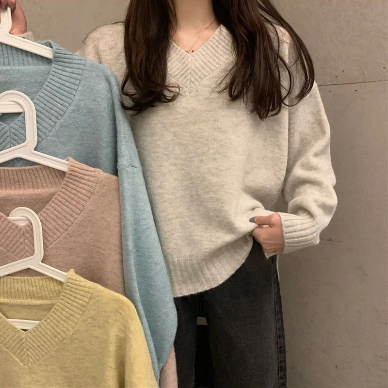 

Solid Casual Basic Sweater Women Autumn Winter Thicken Soft Loose Pullover Female Korean V-Neck Long Sleeve Jumpers