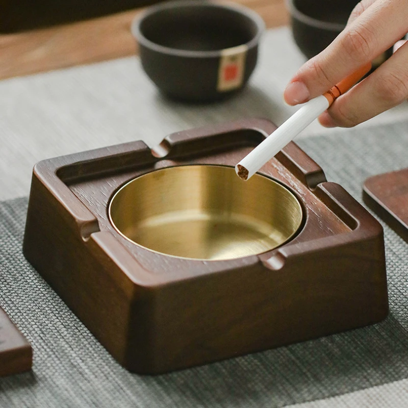 Chinese Wooden Ashtray with Lid Luxury Solid Wood Coffee Table Smoke Heat Insulation Flame Retardant 410 Stainless Steel Liner