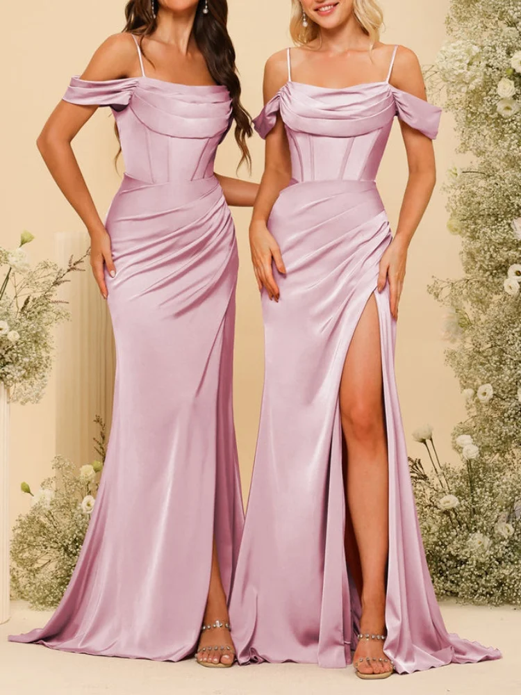 Satin Spaghetti Straps Long Bridesmaid Dresses Off-The-Shoulder Split Side & Ruched Evening Gowns Elegant Backless Party Dress