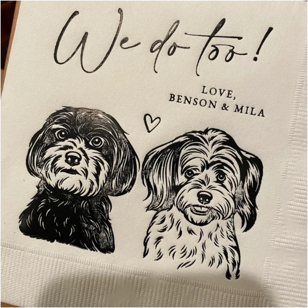 Personalized Illustrated Dog Wedding Cocktail Napkins, Bride Shower Rehearsal Dinner Pet Napkins, Birthday Party Napkins, 50Pcs