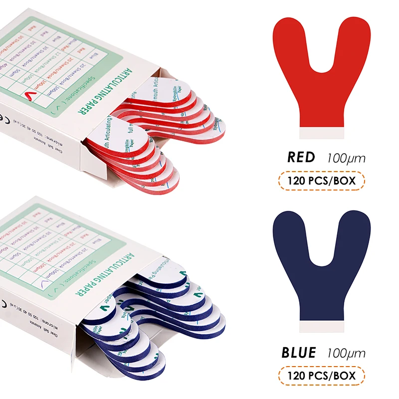 120pcs Y-Shaped Bite Paper Dental Full Mouth Horseshoe Bite Paper Red Blue Double-Sided Dental Adjustment Oral Consumables