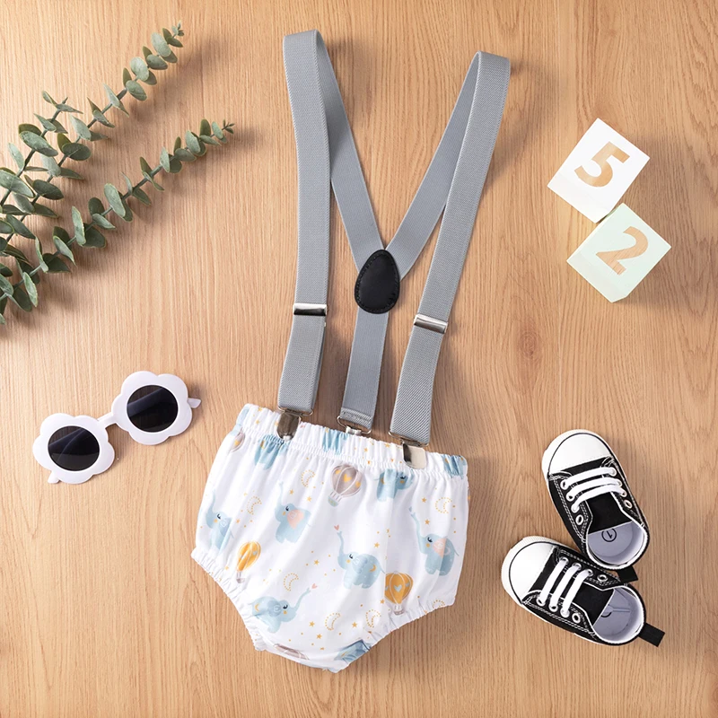 9M-18M Baby Clothes New Elephant Print Bow Tie Top with Climbing Suit Suspenders Three-piece Suit Suitable for Summer Wear