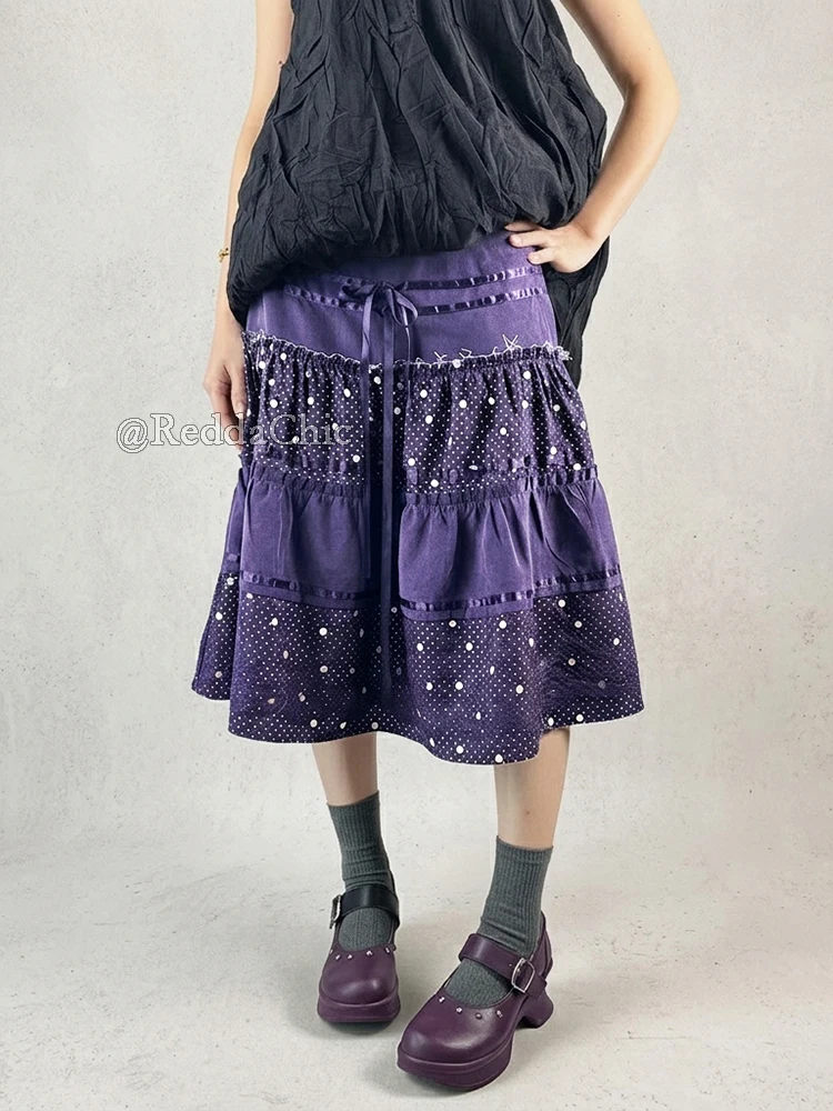 REDDACHiC Purple Polka Dots Women Skirt Bohemian Bowtie Lace Stitch A-line Elastic Waist Midi Long Skirt Vintage Everyday Wear