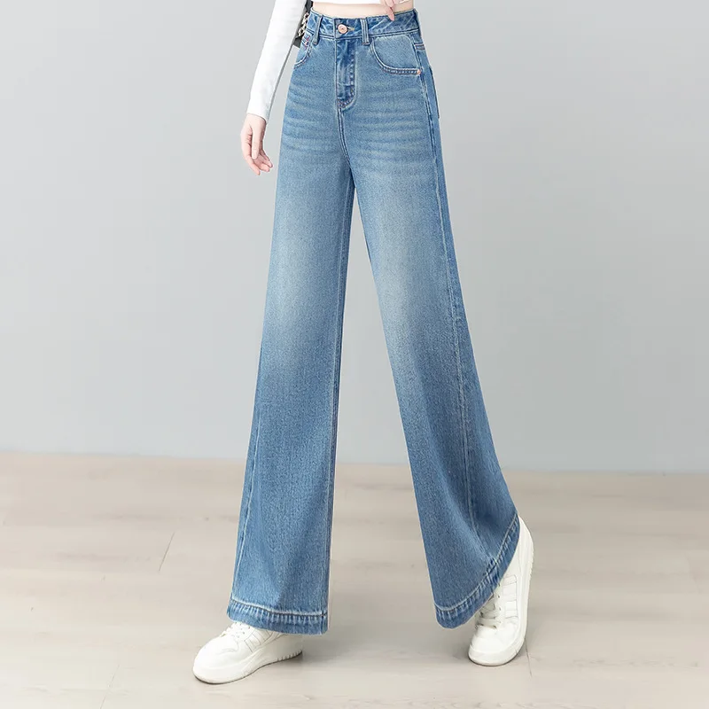 الخريف ضوء اللون الدنيم السراويل المستقيمة النساء عالية الخصر فضفاضة التخسيس بسيطة التنقل عادية واسعة الساق السراويل الطويلة