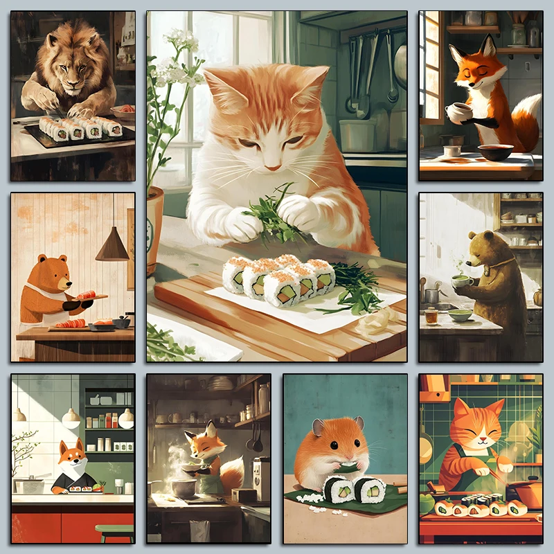Póster artístico de cocina divertido con animales caprichosos, León, Sushi, Chef, oso, zorro, impresiones de cocina, pintura en lienzo, imagen artística de pared, decoración de la habitación del hogar