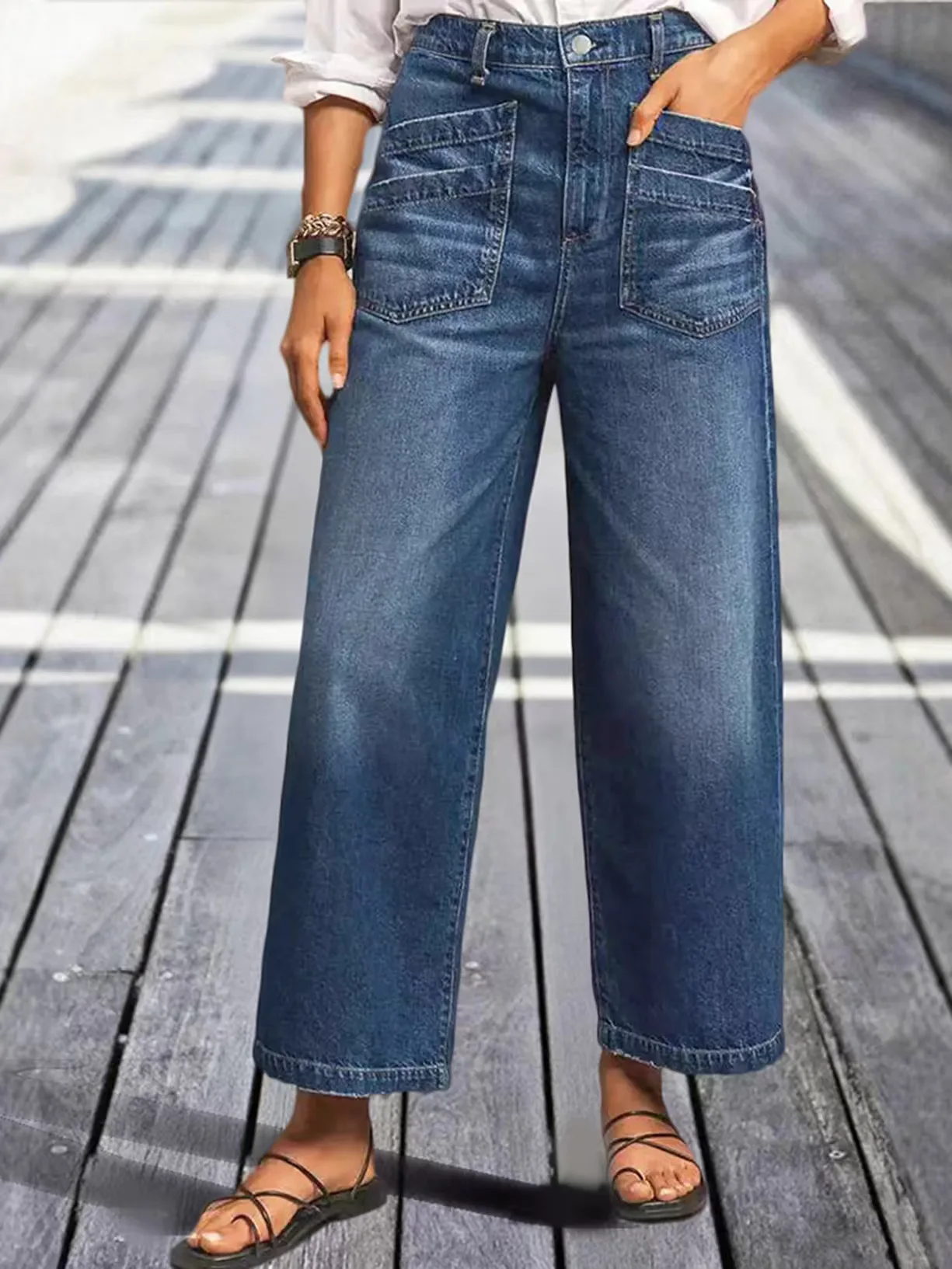 Women High Waist Wide Leg Jeans Multi Pocket Loose Straight Denim Pants Vintage Casual Streetwear Trousers