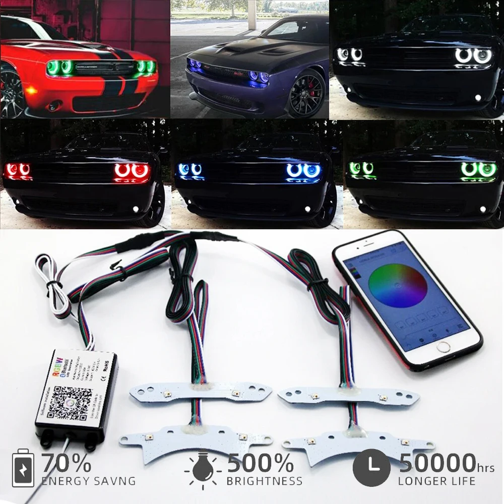 4Pcs OEM LED Headlight Halo Ring Circuit Board Kit For Dodge Challenger 2015-2018 Smartphone RGB-W Auto Accessories Parts