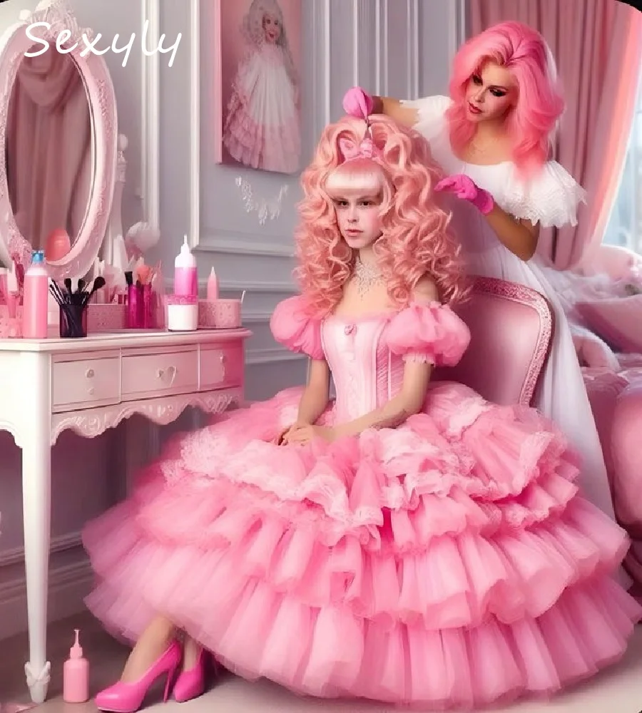 

Розовый костюм Барби, платье для выпускного вечера 2025 года, многоуровневое тюлевое платье с короткими рукавами для косплея, маскарадное вечернее платье, элегантное торжественное платье на день рождения