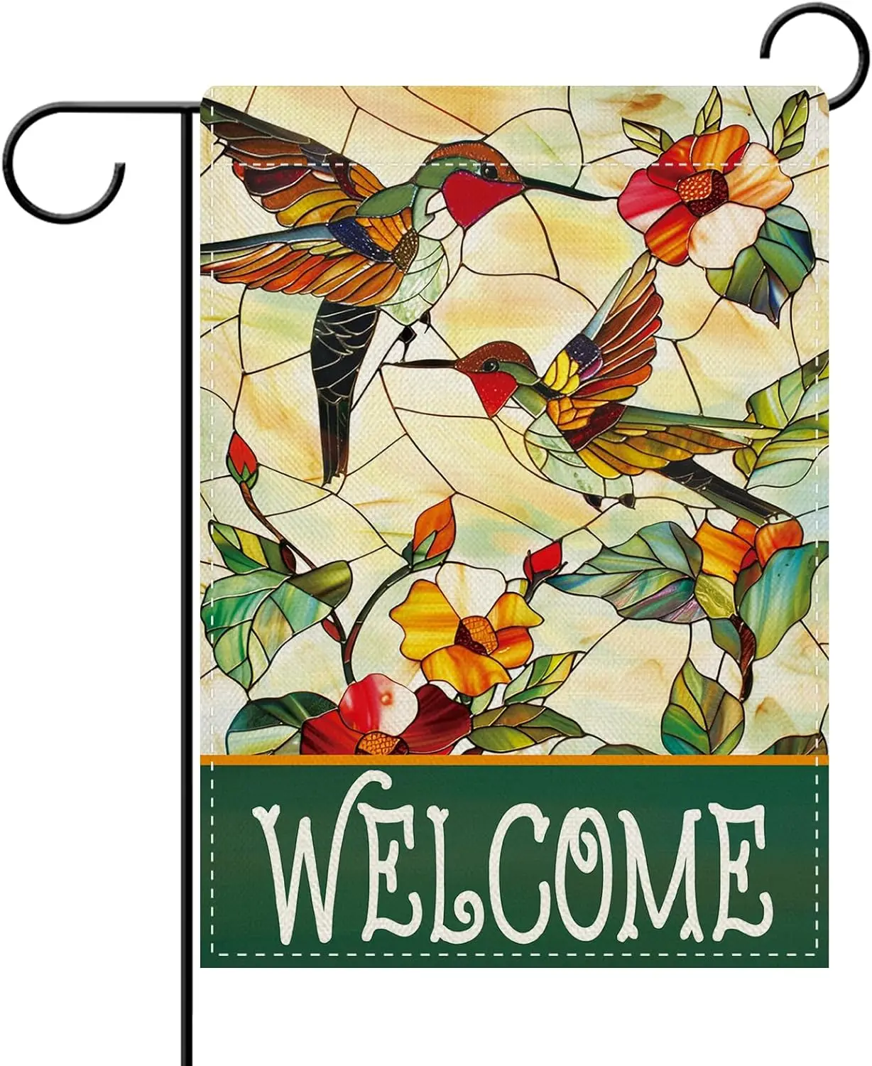 Dyrenson Welcome Spring Summer Hummingbird Flower Decorative Garden Flag, Colorful Stained Glass Window Floral Yard Outside  AAS