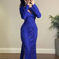 Dream Straight Side Slit Evening Dress Beading Long Sleeves Floor Length Women Customized O-Neck Jersey Banquet Party Gowns