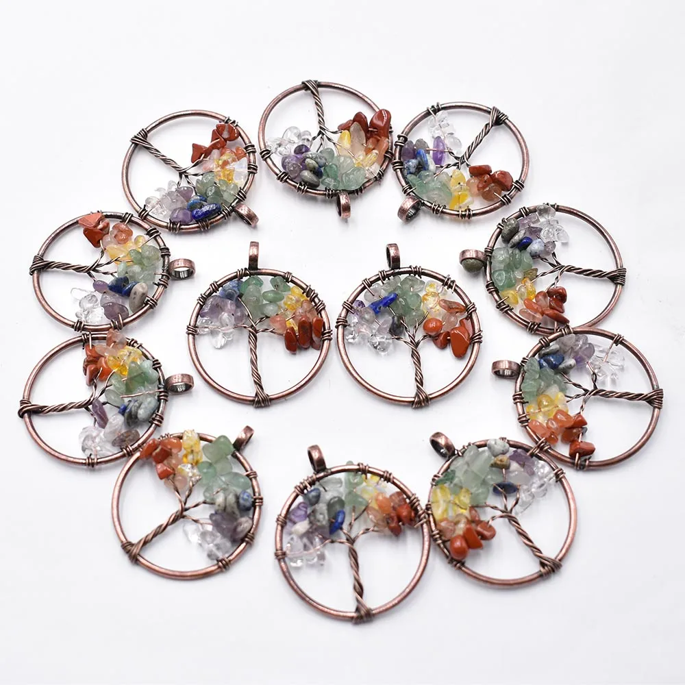 Wholesale 12pcs/lot 7 Chakra Natural Stone Wrap Wisdom Tree of Life gold colour Plated Round Pendants for necklace making