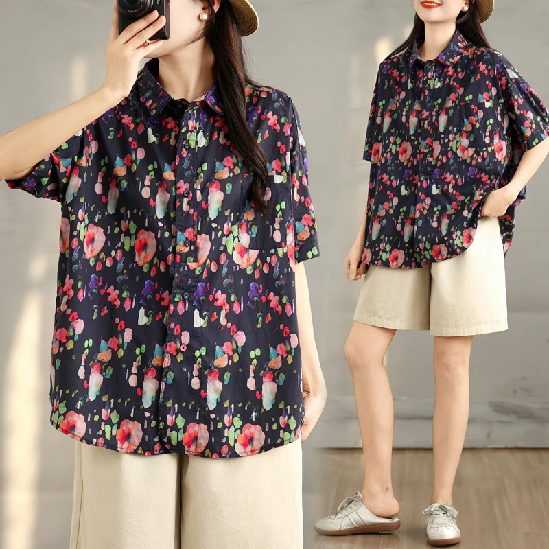 

Летний женский свободный воротник ort Sve с принтом на одной пуговице, корейский топ, антивозрастной топ, смесь хлопка для поездок на работу