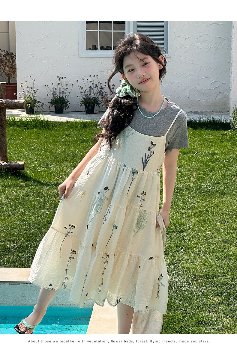 Mädchen-Set, Sommer-Set mit süßem, niedlichem Blumendruck, gestuftes Kleid mit Spaghettiträgern und kurzärmliges T-Shirt, zweiteiliges Set, Kinderkleidung – Detail 6