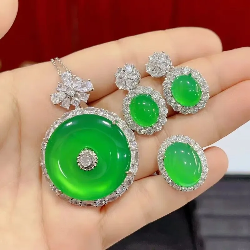 Silver plated inlaid ice green chalcedony safety buckle pendant, agate earrings ring, jade three piece set, temperament gift view 3