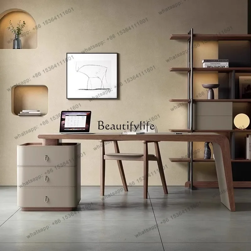 56Saddle Leather Retro Style Desk High-end Designer Modern Simple Solid Wood Office Desk