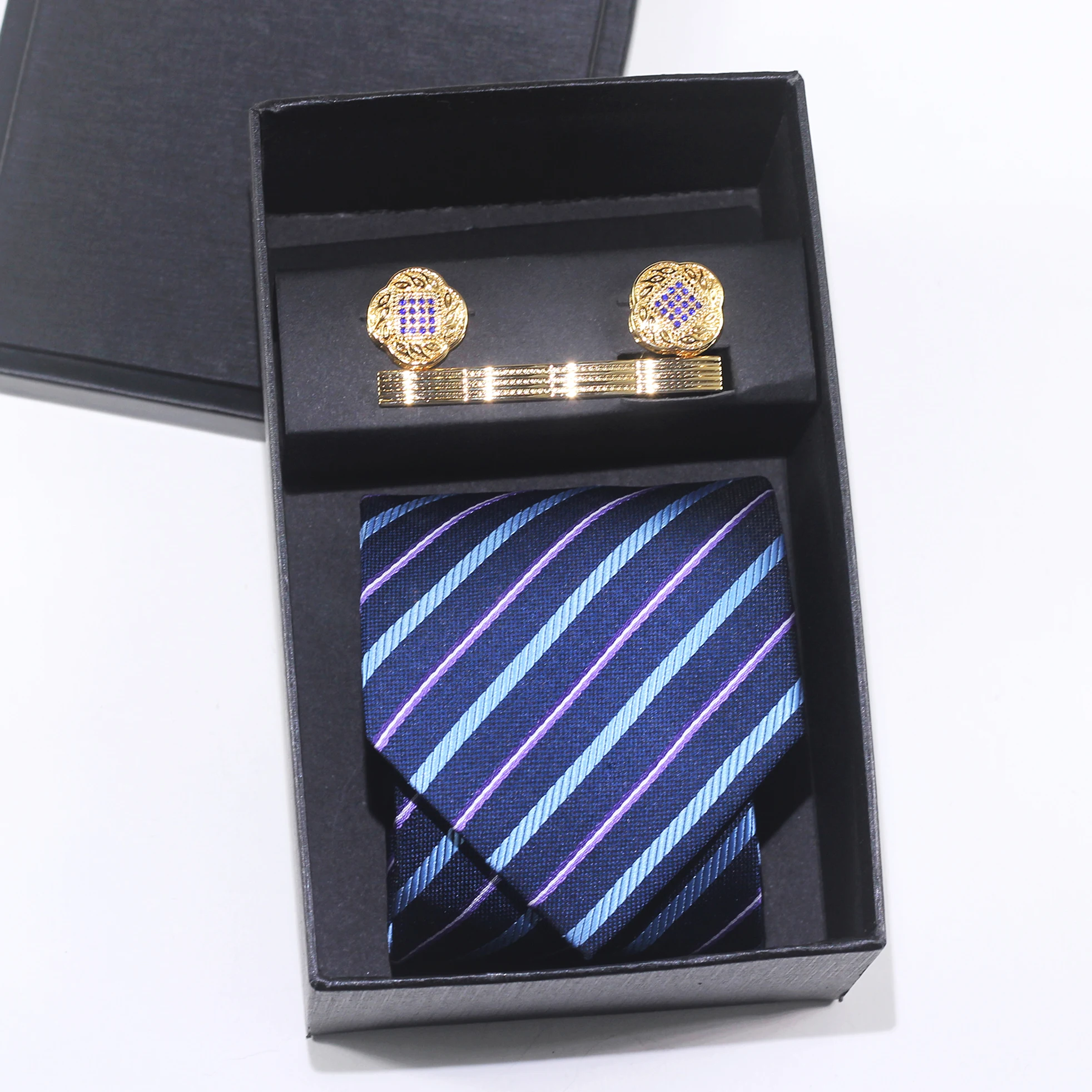 

Stripe Necktie Mens Tie Top Quality Business Tie Pocket Round Neck Tie Clip Cufflinks Set Classic For Men Gift With Box