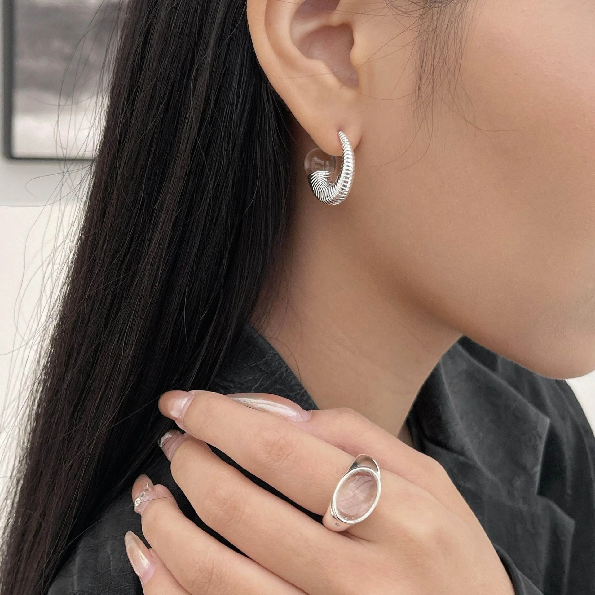 Women's Minimalist Handmade Vintage Big White Stone Ring, 925 Sterling Silver