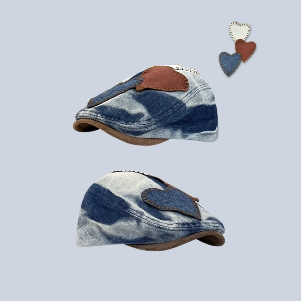 

Washed Denim Newsboy Hat Men Women Four Season Flat Peaked Cap French Artist Painter Berets Casual Forward Hats with Heart Patch