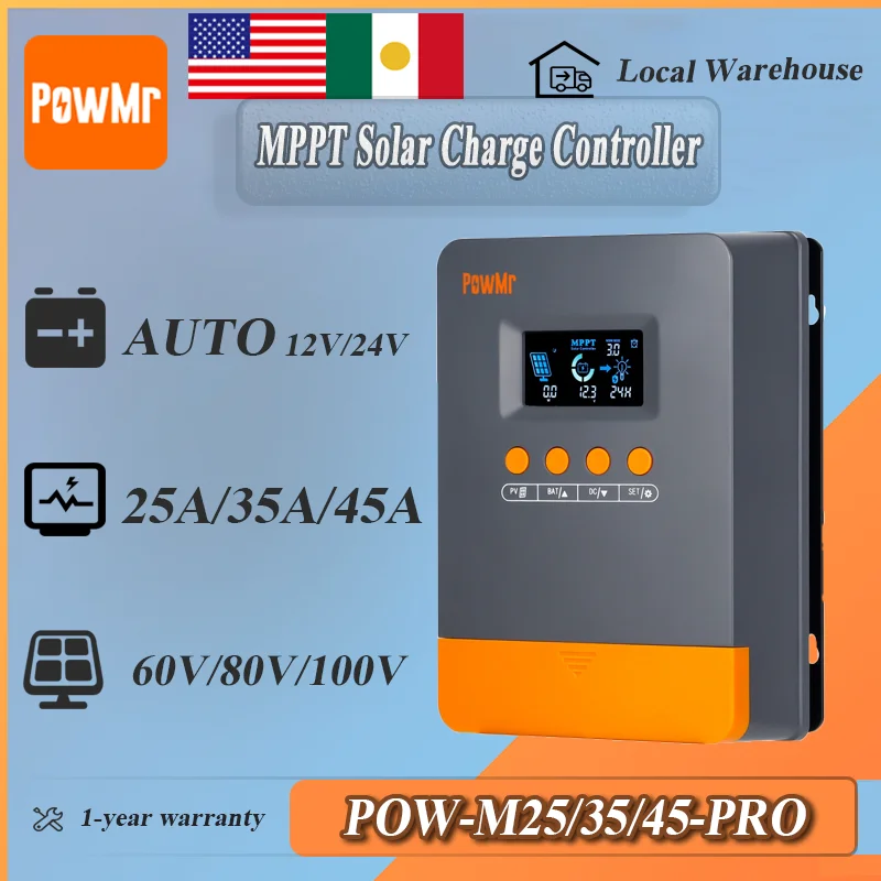 

PowMr MPPT 25A 35A 45A Контроллер заряда солнечной батареи 12 В 24 В Автоматическая совместимость и защита с несколькими батареями Макс. PV 100 В для солнечного дома