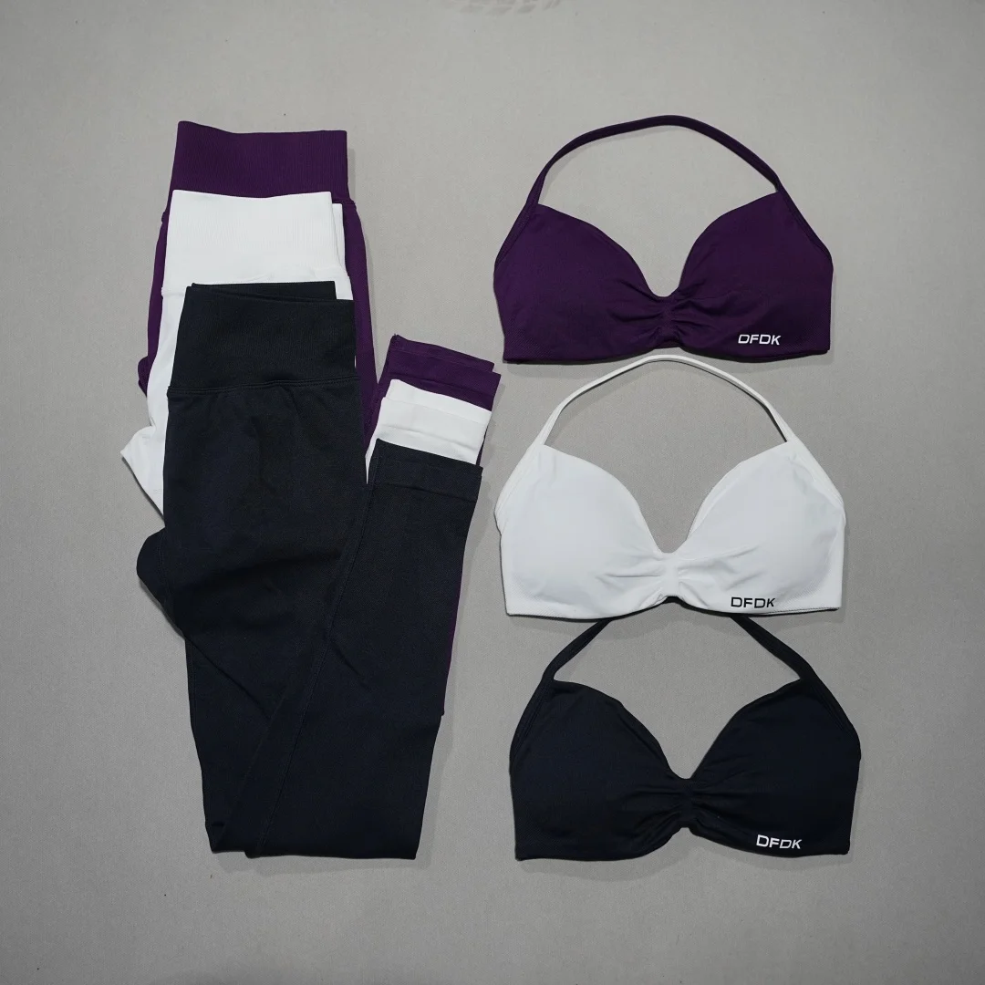 DFHE High Waist Scrunch Butt Leggings Set, Backless Halter Sports Bra, Seamless 2-Piece Yoga Fitness Athletic Wear