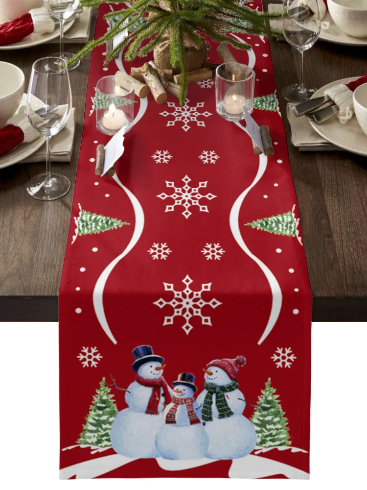 

Christmas Snowman Texture Linen Table Runners Wedding Decoration Washable Tablecloth Holiday Party Dining Tablecover Home Decor