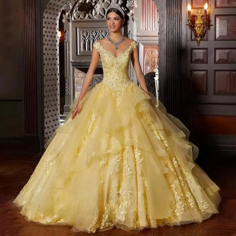 

Customized Yellow Trendy V Neck Quinceanera Dress for Girl Ruffles Cap Sleeves Bow Lace Appliques Vestidos De 15 Anos