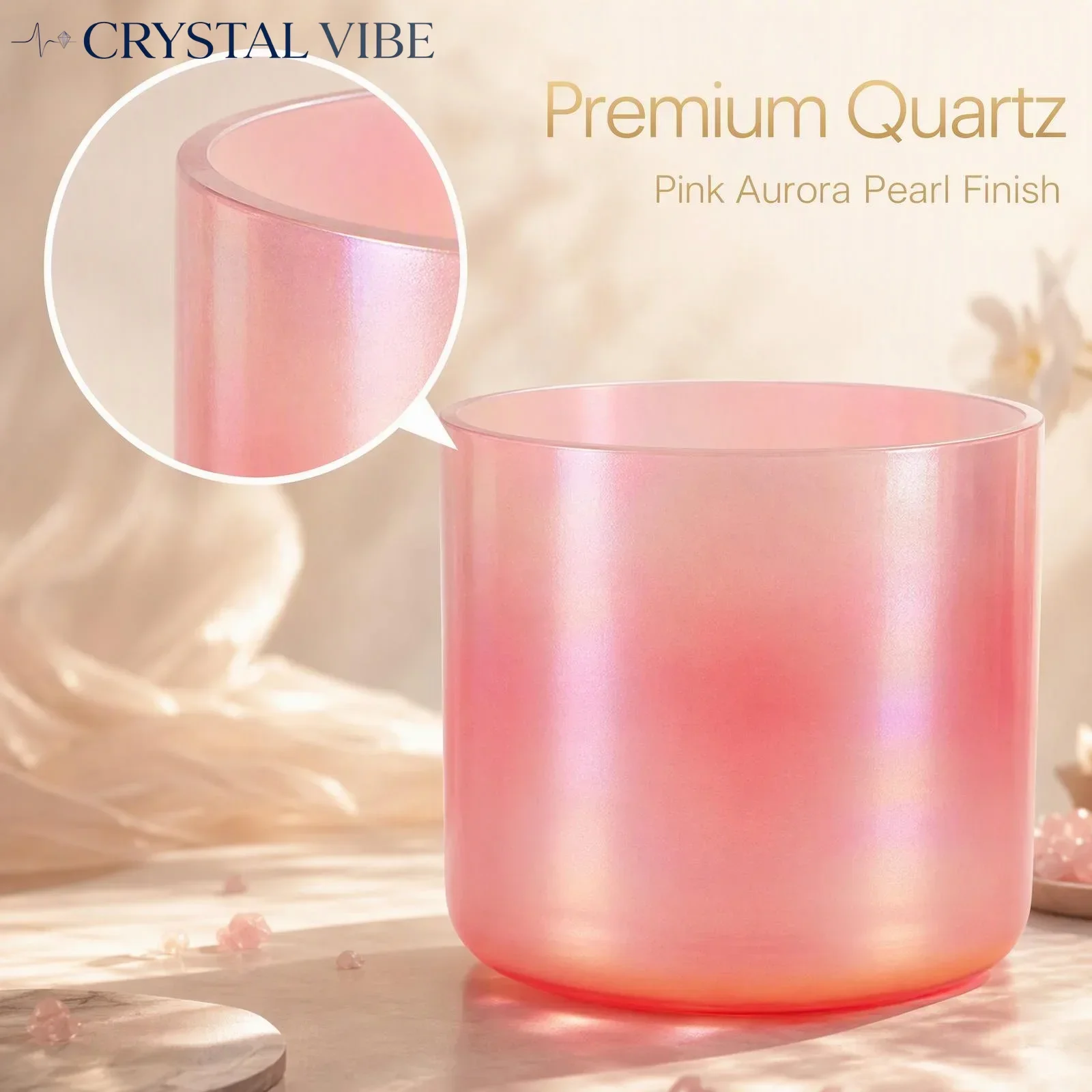 Pink Aurora Pearl Alchemy Quartz Crystal Singing Bowl Sound Healing Yoga Meditation Sound Bath Chakra Balancing with Mallet
