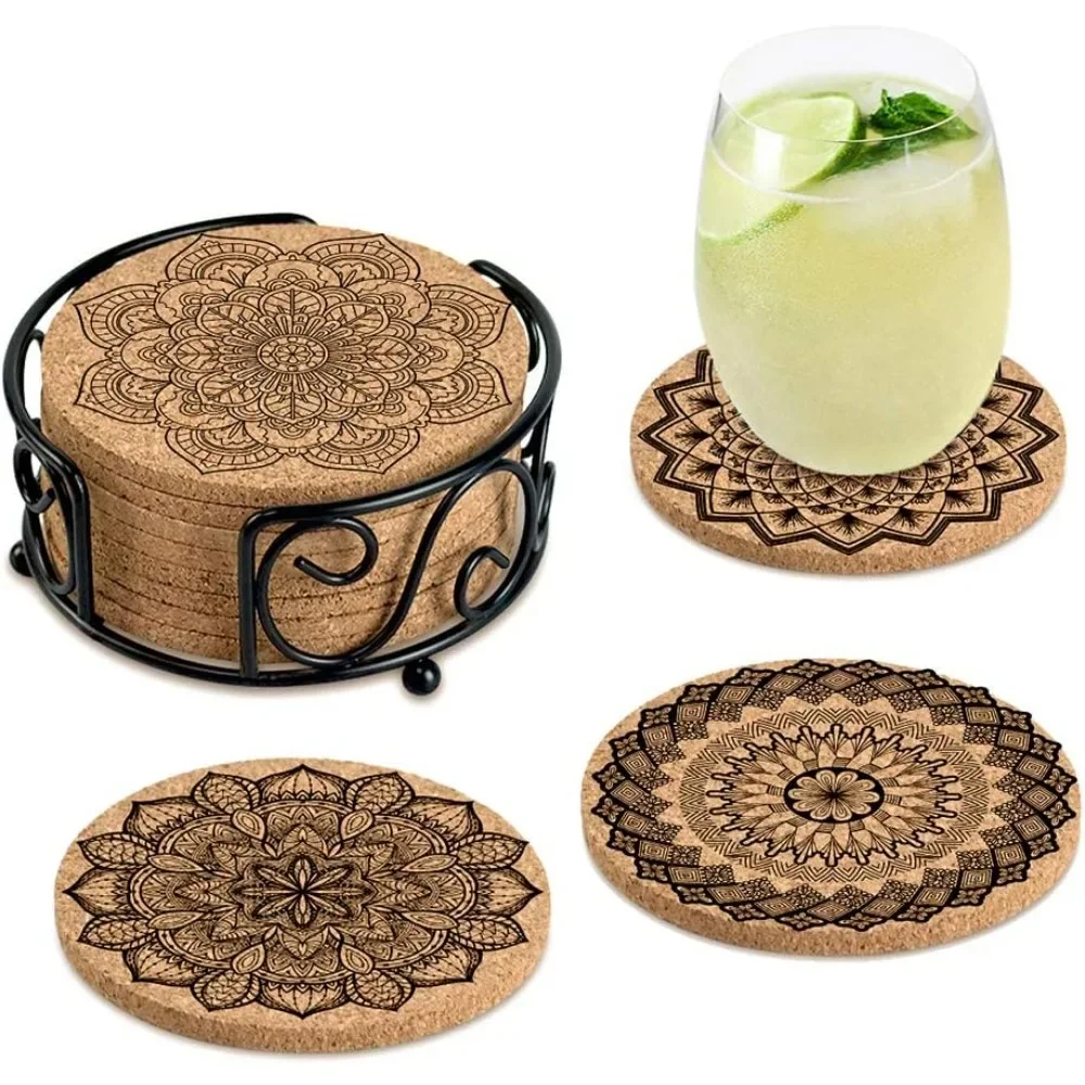 Absorbent Cork Coasters Set with Holder for Drinks Housewarming Gift New Home Present Living Room Decor