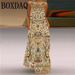 Fashion Sleeveless Maxi Boho Dress Women 2025 Summer Print Loose Pockets Bohemian Elegant Tank Long Dresses For Women Robe Femme