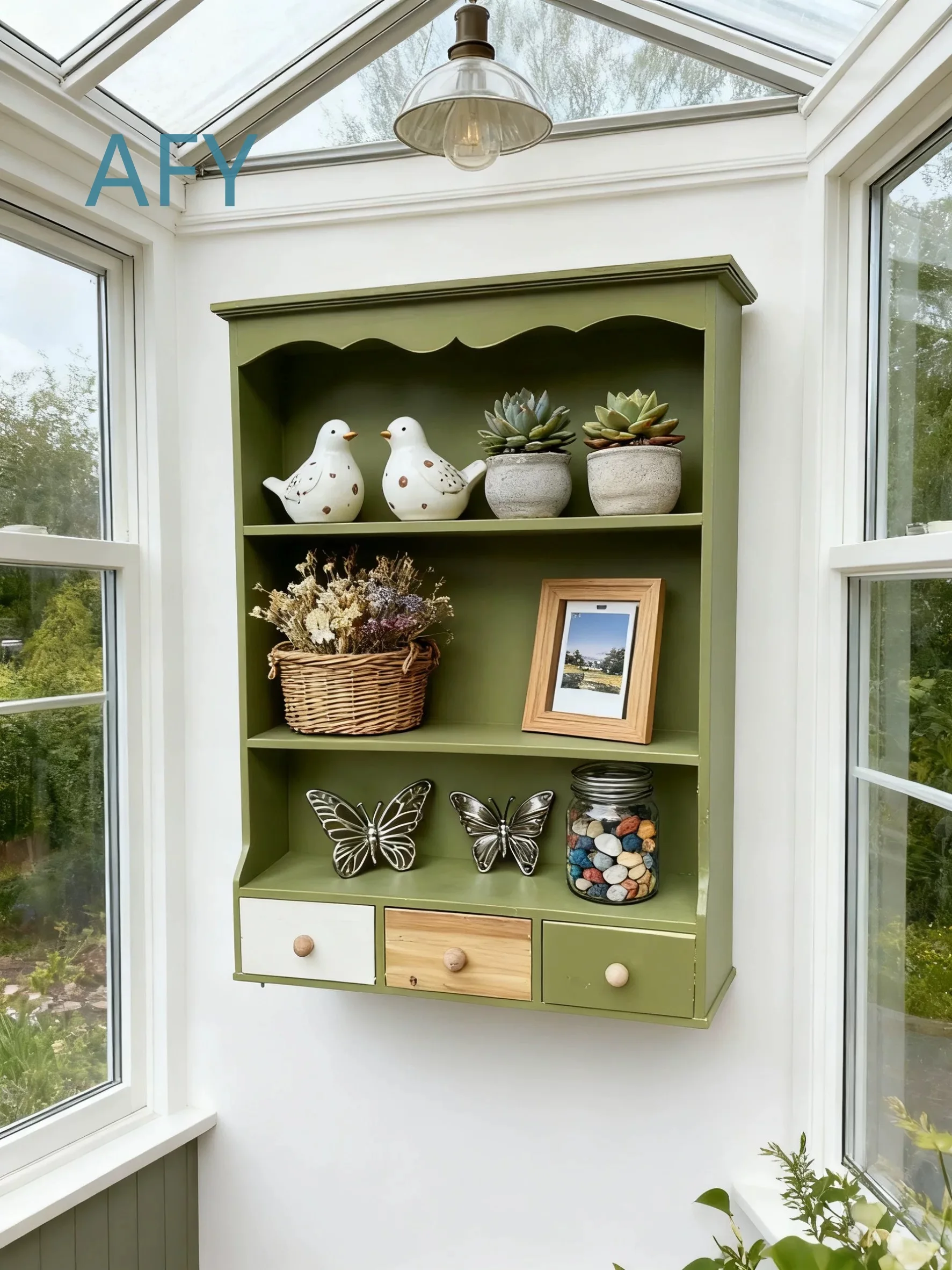 Rustic Green Wall Mounted Shelf with Drawers for Farmhouse Decor Distressed Wood Storage Cabinet Display Organizer for Living