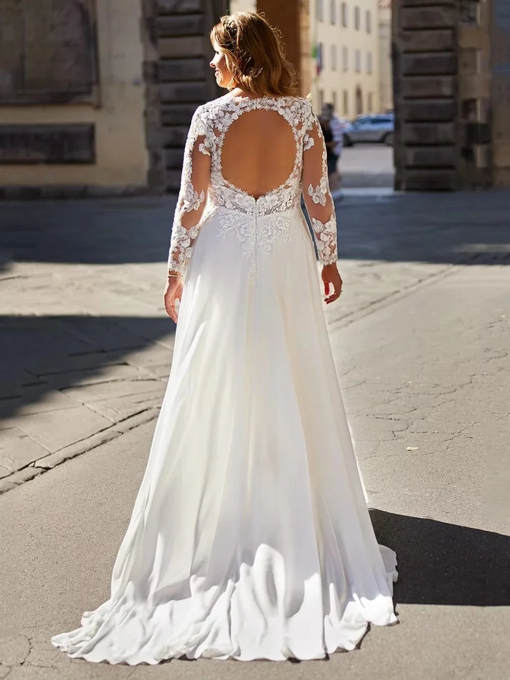 Plus Size V Neck Illusion Three Quarter Lace Sleeves Wedding Dress Applique Bodice Chiffon A Line Ball Gown Skirt with Train