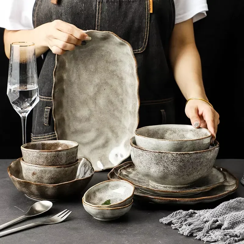for  Modern Luxury Irregular Stone Pattern Tableware Retro Creative Plate Pasta Salad Bowl Coarse Pottery Set
