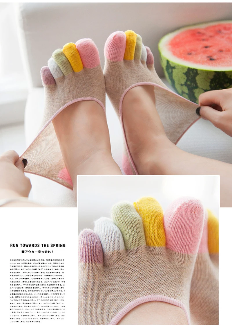 5 Paar bunte Fünf-Zehen-Socken für Damen, unsichtbare, atmungsaktive, rutschfeste, niedrig geschnittene Bootssocken aus Baumwolle für Schuhe – Detail 7