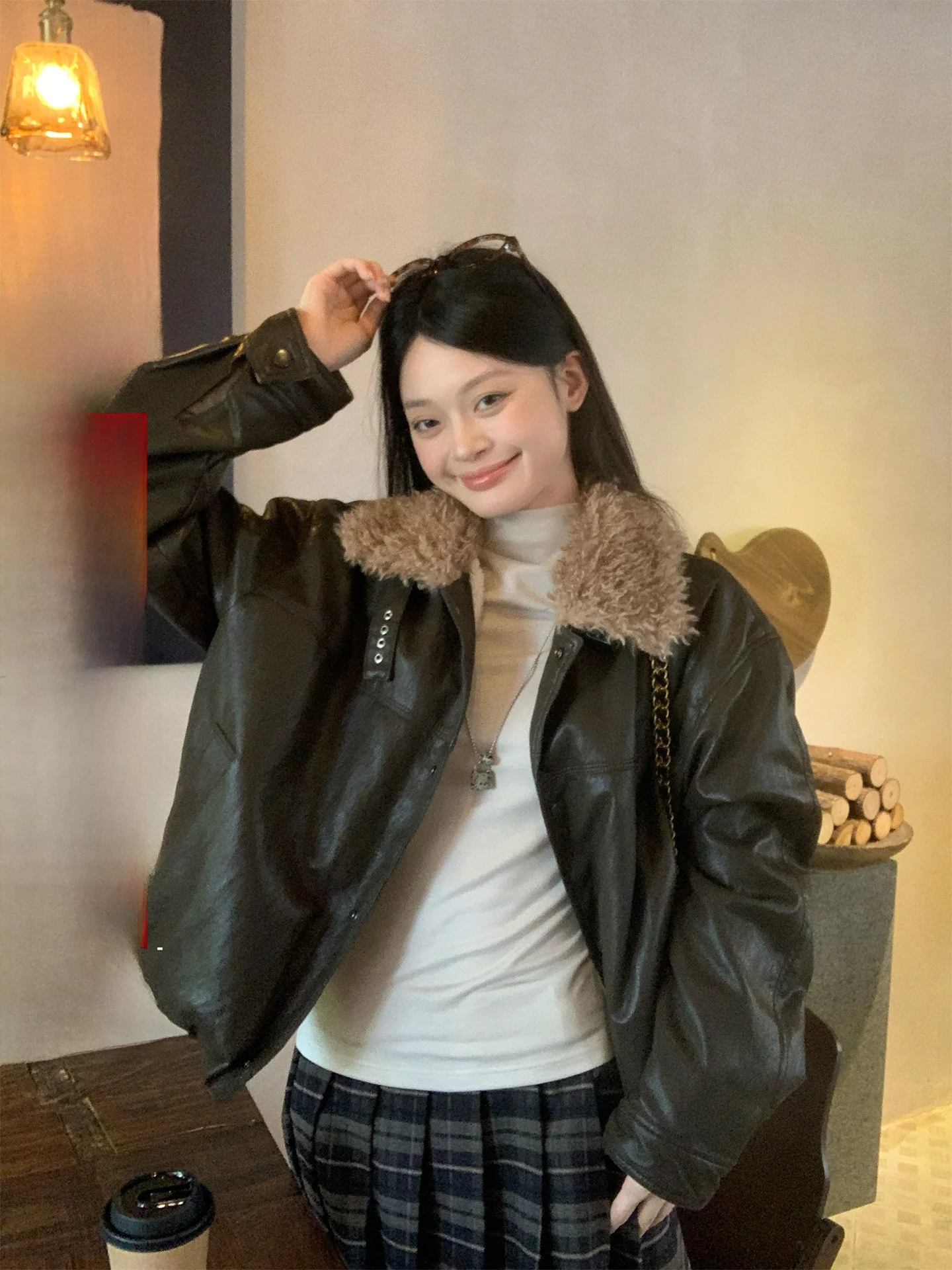 

Retro Coffee Color Lamb Fur Collar Leather Jaet Women's Loose Warm Top Trendy ort Outerwear Commute Sle Winter Coat