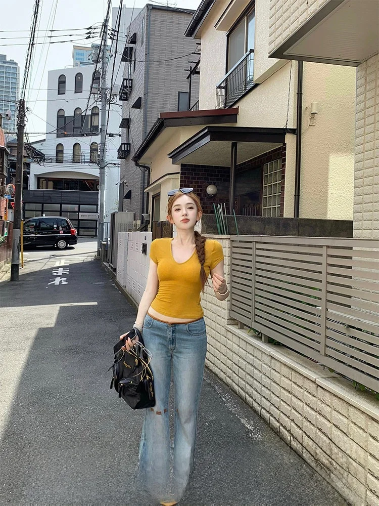 

Low Waist Bell Bottom Thin Women's Jeans Vintage Summer Ruffle Hem Doggyqin Denim Pants Slim Fit Casual Long Trousers