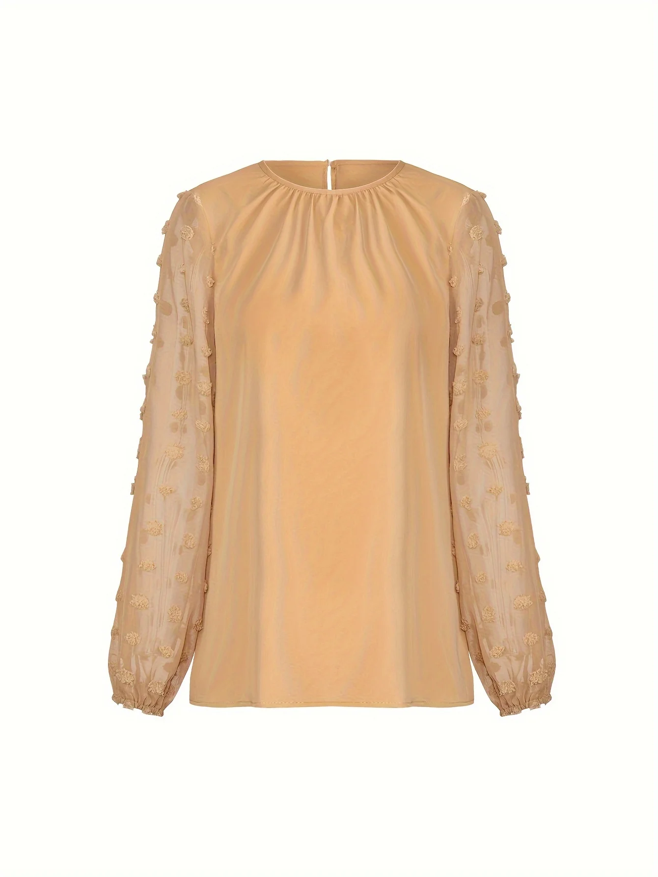 بلوزة نسائية برقبة دائرية على شكل جمل وأكمام منتفخة شفافة مزخرفة - ملابس كاجوال أنيقة