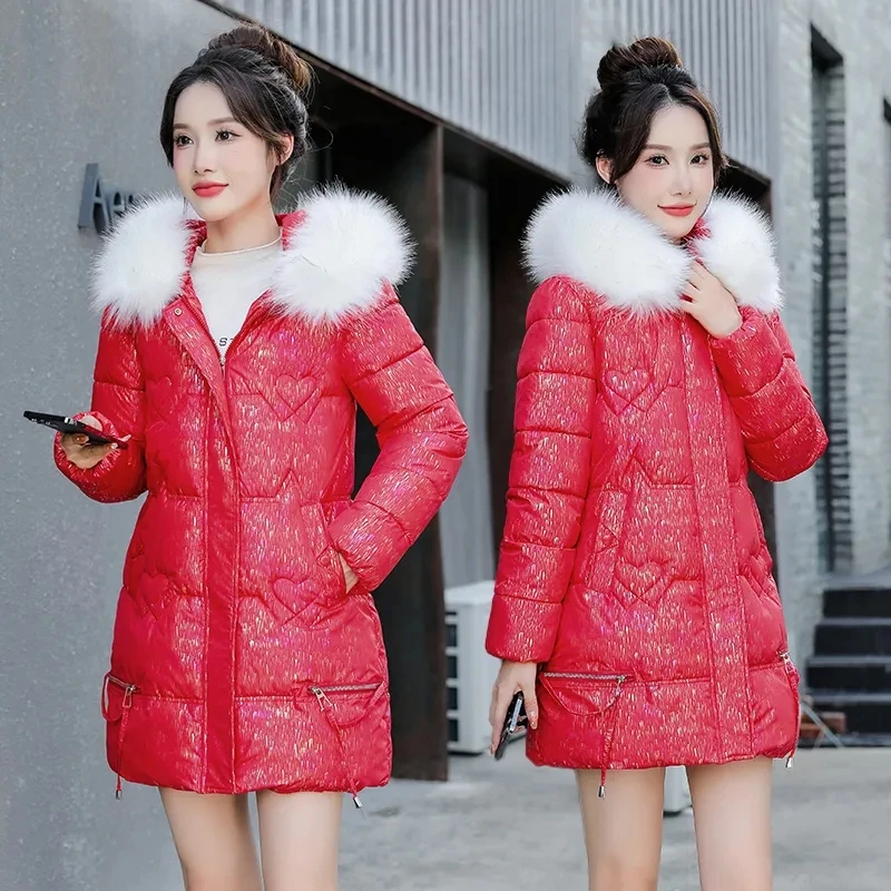 High Quality Winter Down Cotton Jacket Women Colorful Bright Hooded Parkas Thicke Mid Long Cotton Padded Coat Female Outerwear