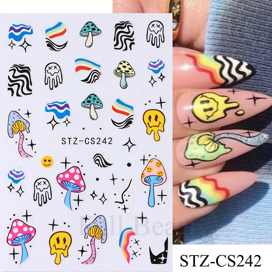 Pegatinas adhesivas para uñas, 9 piezas, flor de mal de ojo, hongo, estrella, Luna, cara sonriente, decoración artística de uñas, diseño colorido