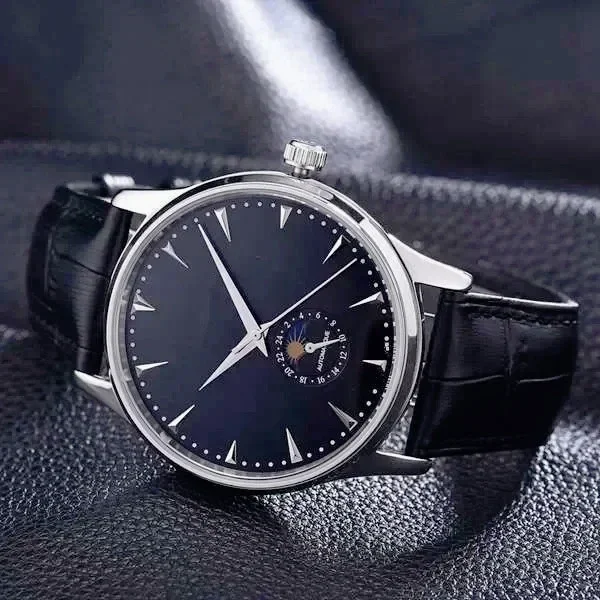 Refined Dress Mens Watches 39mm Moon Phase Dial Luminous Feature Steel Case Automatic Mechanical Watch Black Brown Snug Leather