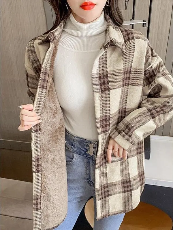 

Женское шерстяное пальто на осень-зиму, утепленное, на подкладке, средней длины, в клетку, винтажное, в стиле Гонконг, свободного кроя, стройнящее фигуру