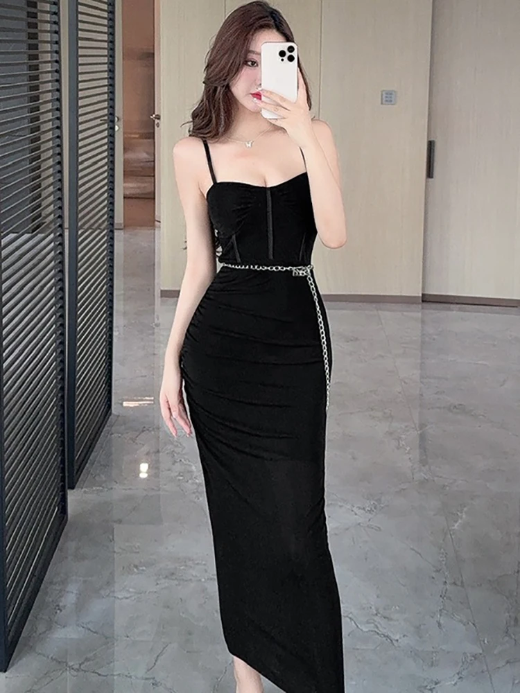 Verão vermelho malha corrente bandagem vestido longo feminino bodycon sexy estilingue vestido 2025 coreano vintage luxo festival festa vestido de noite